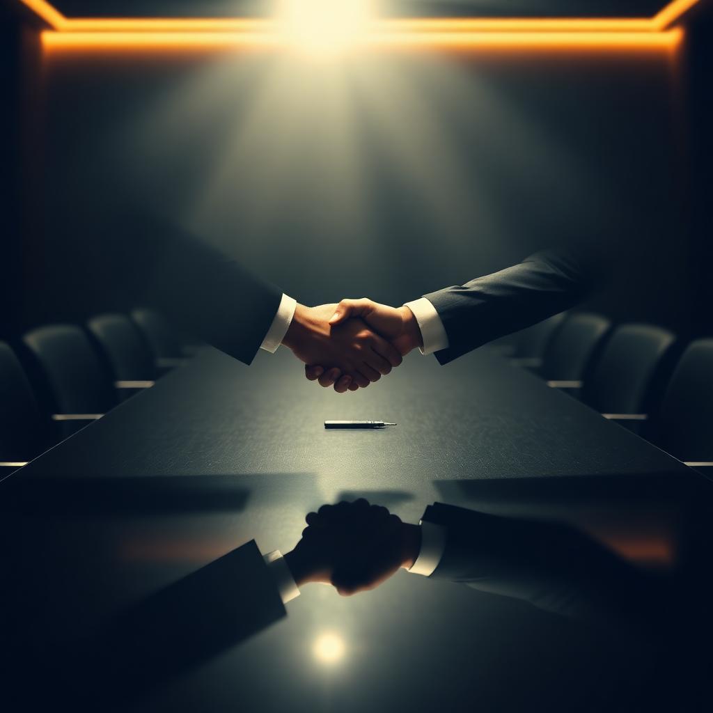 Two business professionals shaking hands across a dark conference table, symbolising trust and the need for due diligence in business relationships