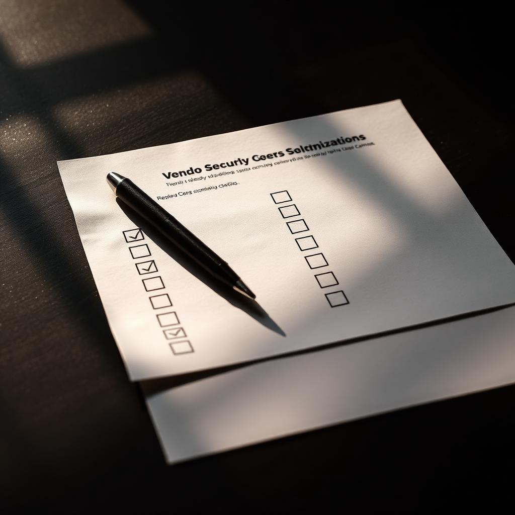 A vendor security questionnaire with checkboxes ticked on a dark desk, symbolising superficial third-party compliance checks